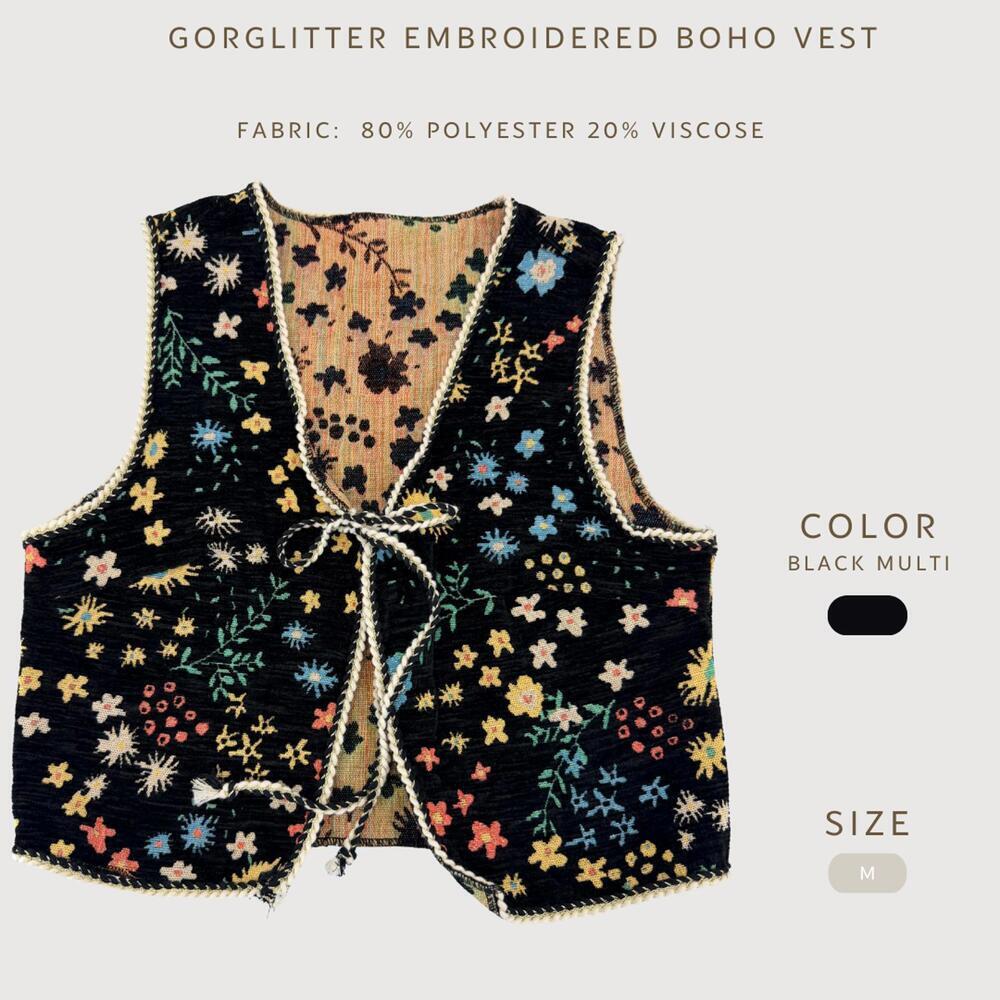 Gorglitter Vest Embroidered Boho Floral Black M - Picture 2 of 8